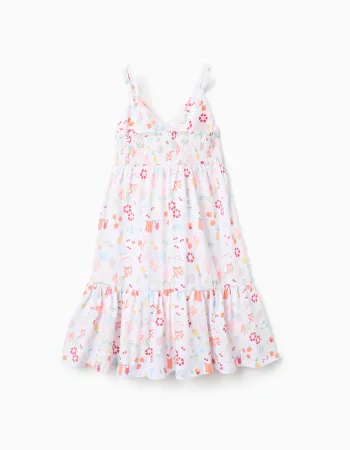 Sleeveless A-line cotton dress with beach motif for girls, white