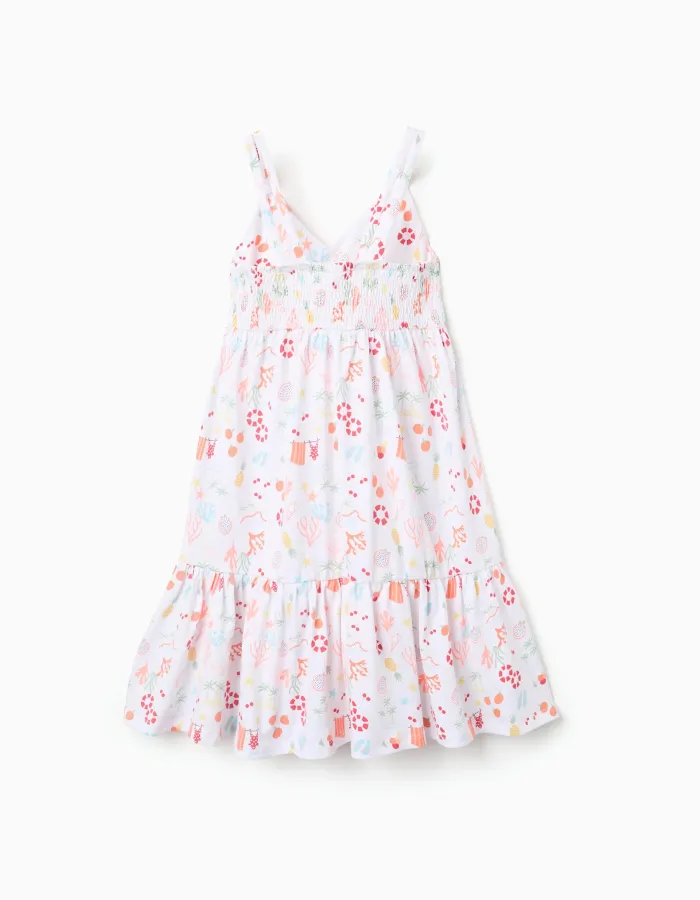 Sleeveless A-line cotton dress with beach motif for girls, white