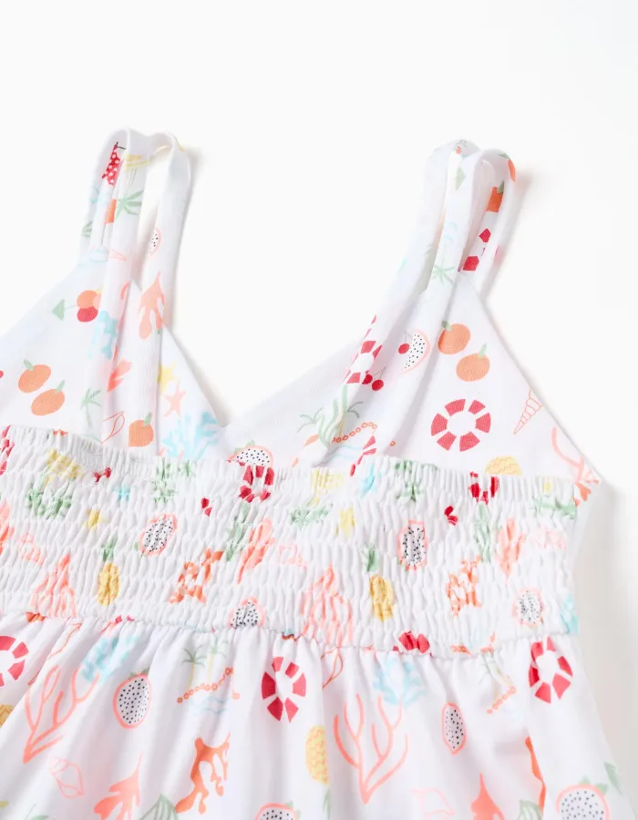 Sleeveless A-line cotton dress with beach motif for girls, white