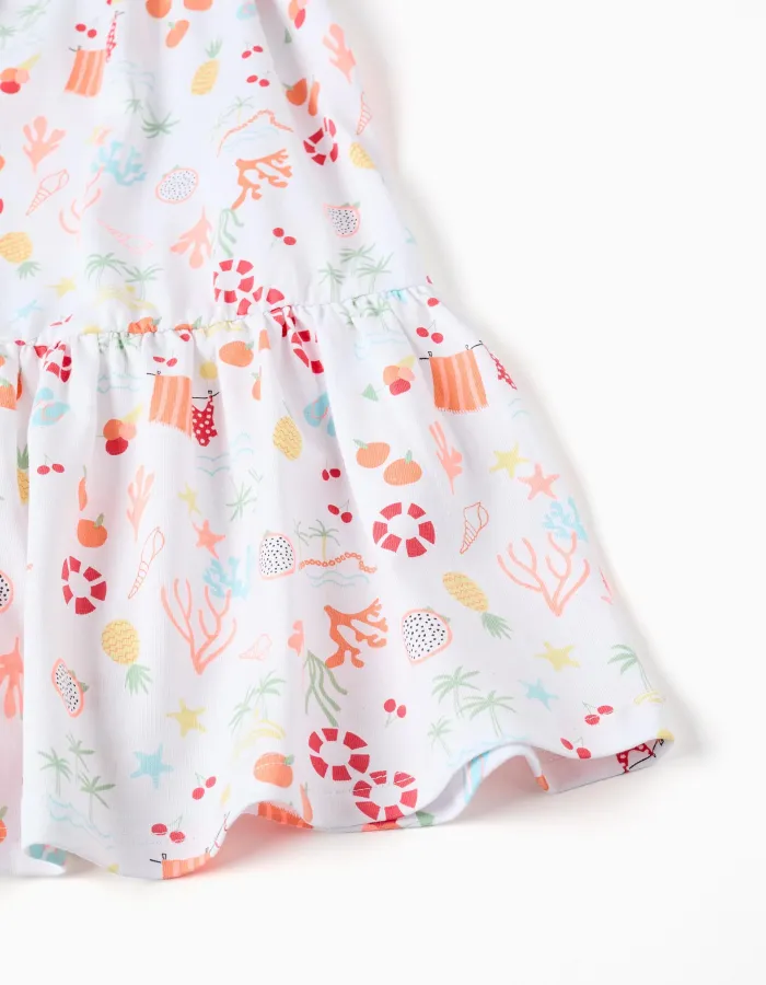 Sleeveless A-line cotton dress with beach motif for girls, white