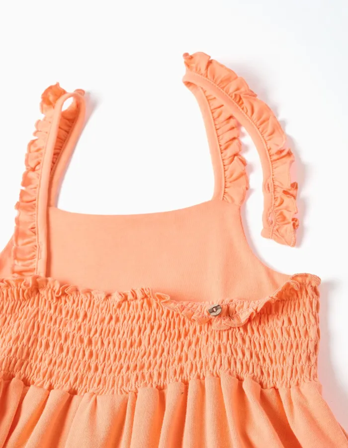 Sleeveless cotton dress with ruffled straps for girls, orange