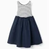 Sleeveless dual-fabric dress with stripes for girls, dark blue/white