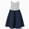 Sleeveless dual-fabric dress with stripes for girls, dark blue/white