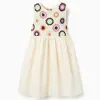 Dual-fabric dress with crochet flowers for girls, light beige