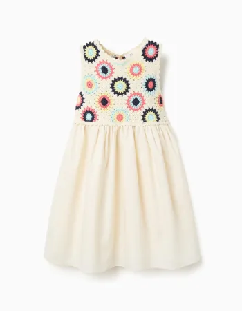 Dual-fabric dress with crochet flowers for girls, light beige