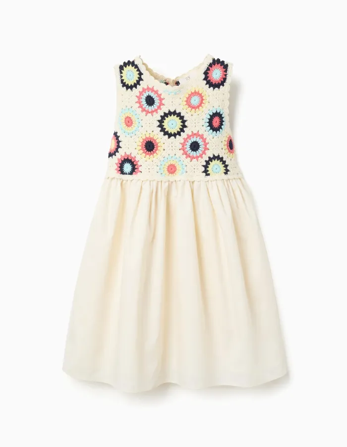 Dual-fabric dress with crochet flowers for girls, light beige