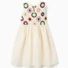 Dual-fabric dress with crochet flowers for girls, light beige