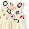 Dual-fabric dress with crochet flowers for girls, light beige