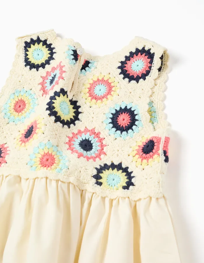 Dual-fabric dress with crochet flowers for girls, light beige