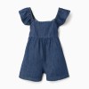 Denim playsuit with ruffled sleeves for girls, dark blue