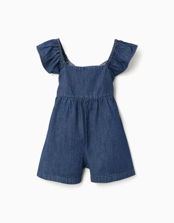 Denim playsuit with ruffled sleeves for girls, dark blue