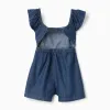 Denim playsuit with ruffled sleeves for girls, dark blue