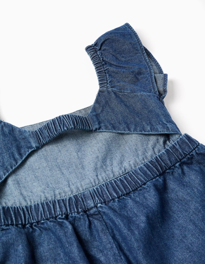 Denim playsuit with ruffled sleeves for girls, dark blue