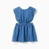 Sleeveless Short Denim Dress with Slits for Girls, Blue
