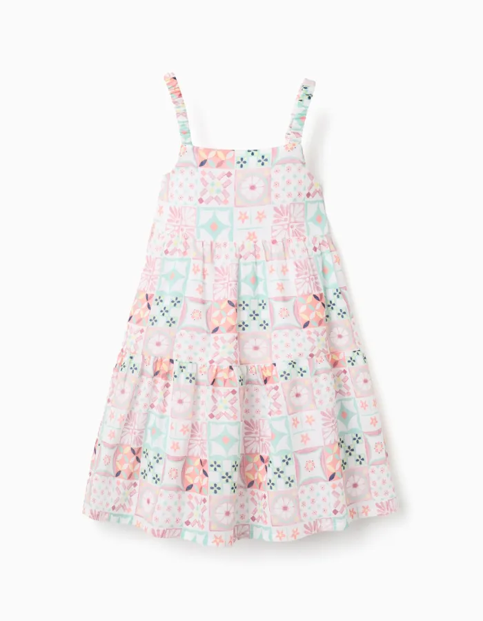 Strappy cotton dress with tile pattern for girls, multicolour