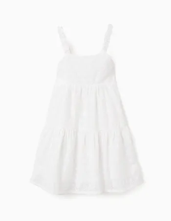 Strappy cotton dress with broderie anglaise for girls, white