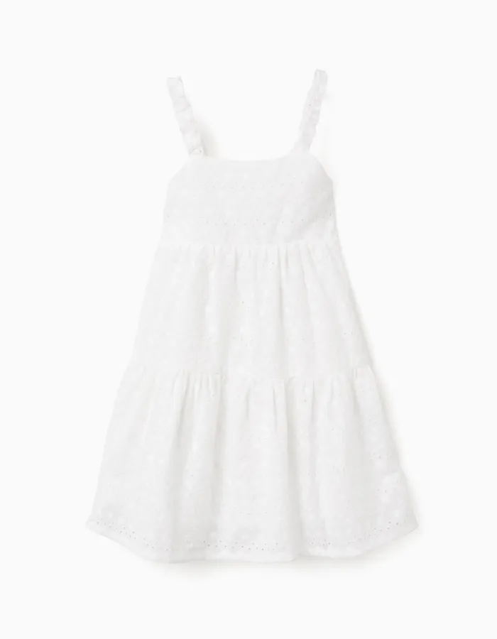 Strappy cotton dress with broderie anglaise for girls, white
