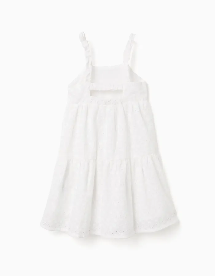 Strappy cotton dress with broderie anglaise for girls, white