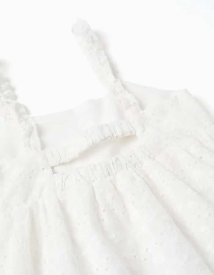 Strappy cotton dress with broderie anglaise for girls, white