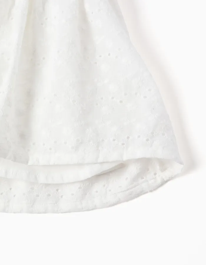 Strappy cotton dress with broderie anglaise for girls, white