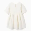 Short sleeve cotton dress with broderie anglaise for girls, light beige