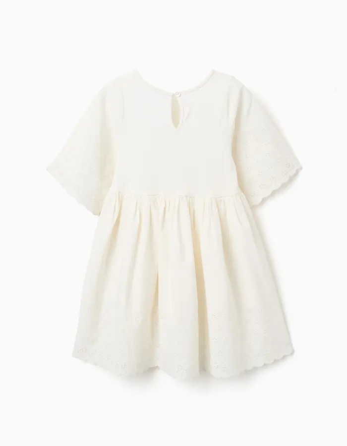 Short sleeve cotton dress with broderie anglaise for girls, light beige
