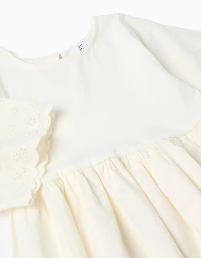 Short sleeve cotton dress with broderie anglaise for girls, light beige