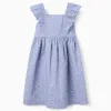 Poplin dress with floral motif and ruffles for girls, blue
