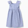 Poplin dress with floral motif and ruffles for girls, blue