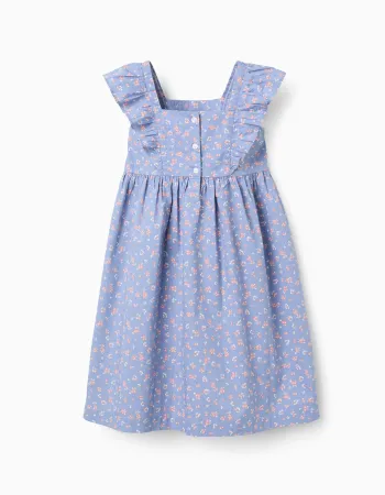 Poplin dress with floral motif and ruffles for girls, blue