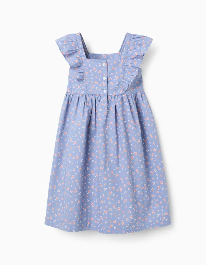 Poplin dress with floral motif and ruffles for girls, blue