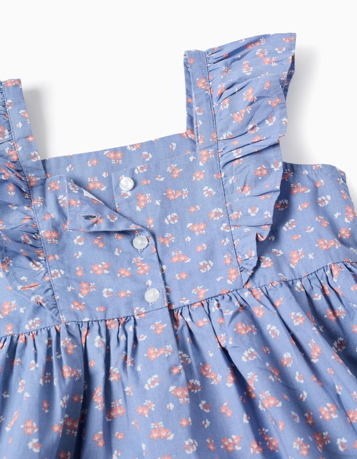 Poplin dress with floral motif and ruffles for girls, blue