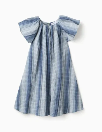 A-line cotton dress with butterfly sleeves for girls, blue