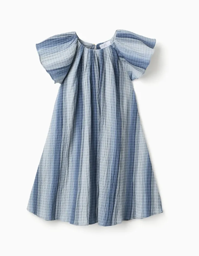 A-line cotton dress with butterfly sleeves for girls, blue