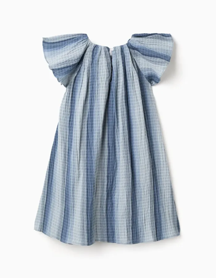 A-line cotton dress with butterfly sleeves for girls, blue