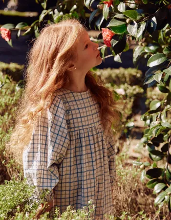 Cotton checked dress with puffy sleeves for girls, multicolour