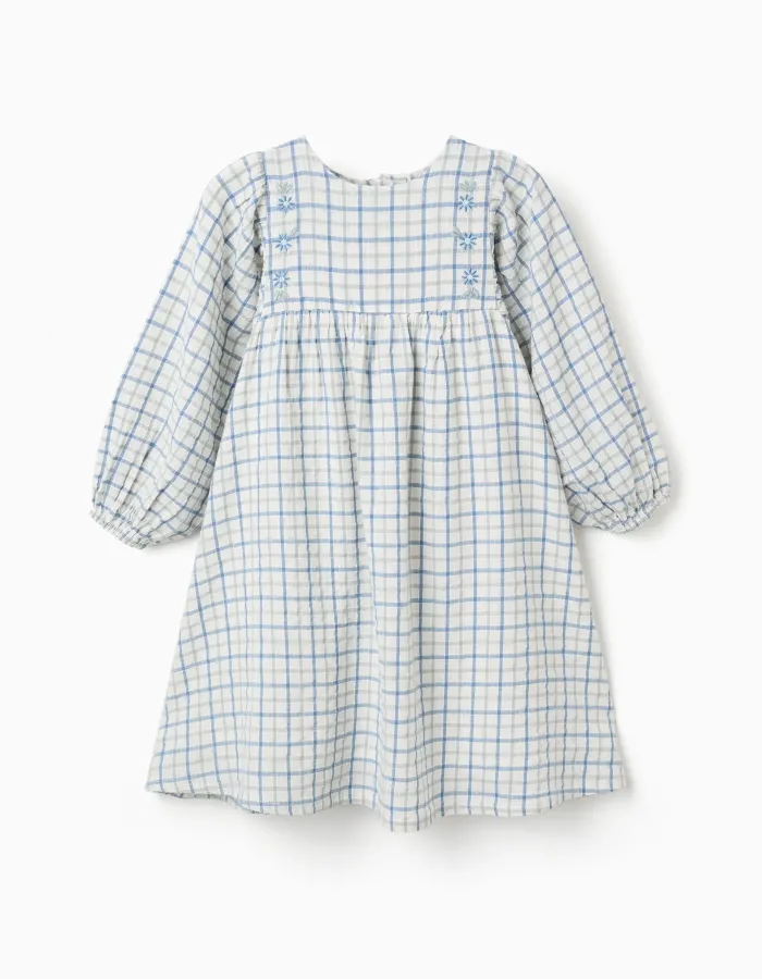 Cotton checked dress with puffy sleeves for girls, multicolour