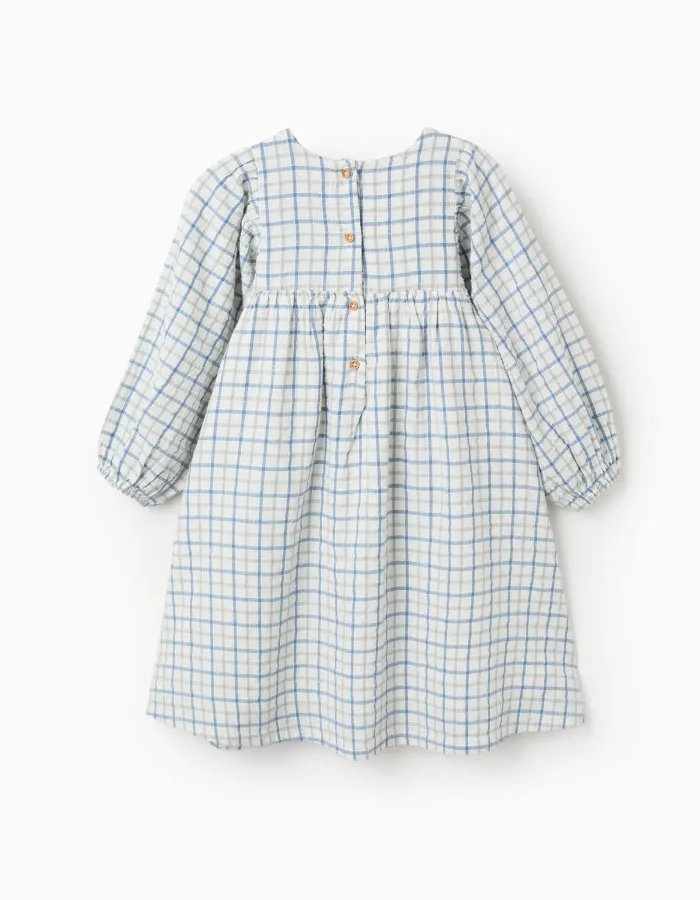 Cotton checked dress with puffy sleeves for girls, multicolour