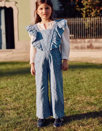 Cotton jumpsuit with ruffles and floral pattern for girls, blue