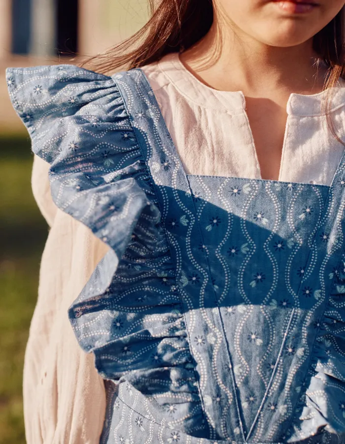 Cotton jumpsuit with ruffles and floral pattern for girls, blue