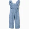 Cotton jumpsuit with ruffles and floral pattern for girls, blue