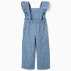 Cotton jumpsuit with ruffles and floral pattern for girls, blue
