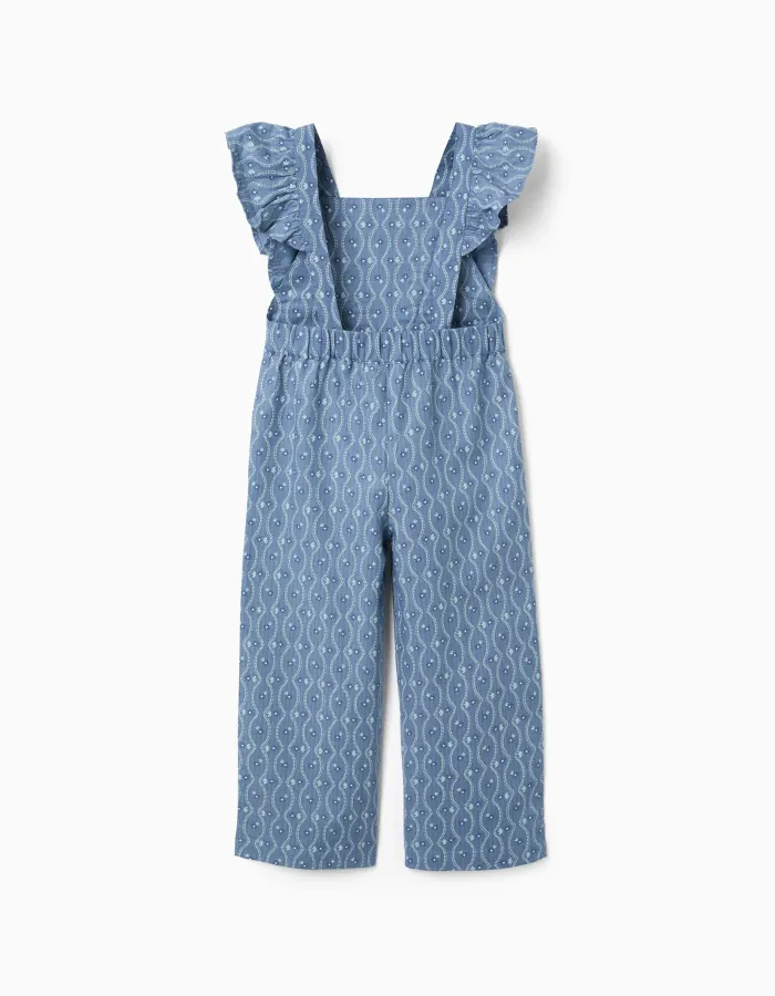 Cotton jumpsuit with ruffles and floral pattern for girls, blue