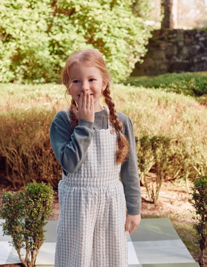 Cotton jumpsuit with Vichy pattern B&S for girls, white/light green