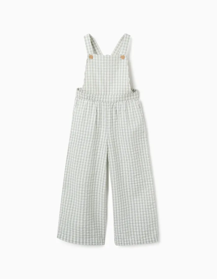 Cotton jumpsuit with Vichy pattern B&S for girls, white/light green