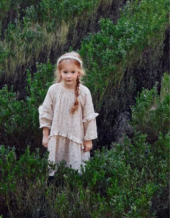 Cotton bambula dress with floral motif B&S for girls, beige/green