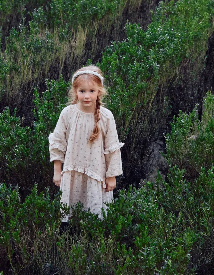 Cotton bambula dress with floral motif B&S for girls, beige/green