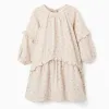 Cotton bambula dress with floral motif B&S for girls, beige/green