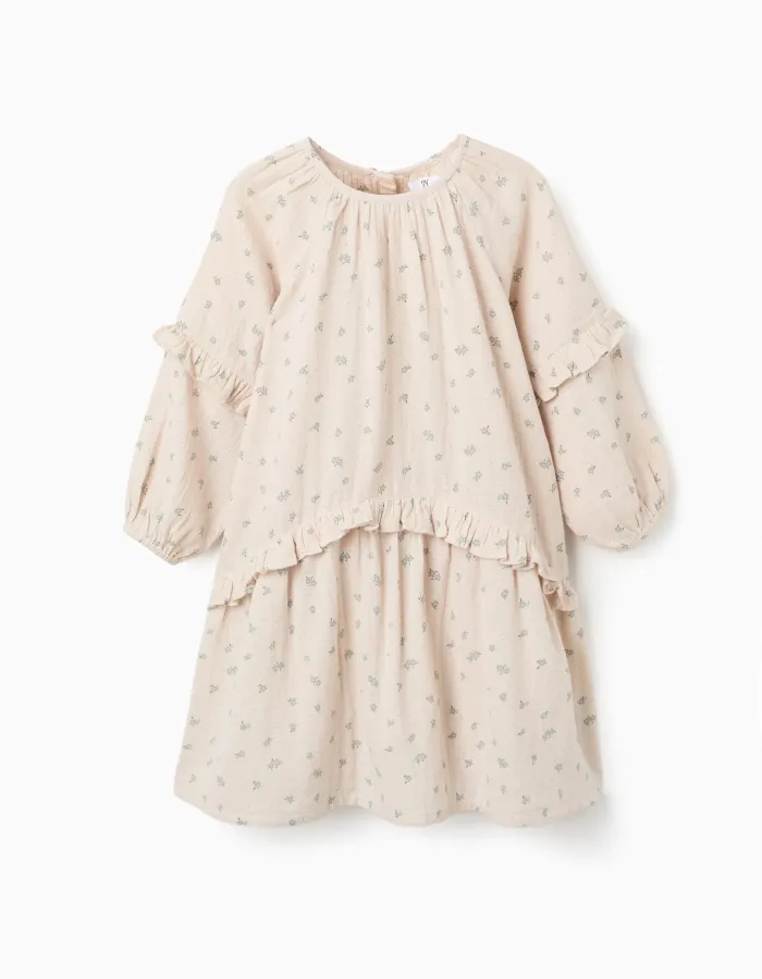 Cotton bambula dress with floral motif B&S for girls, beige/green