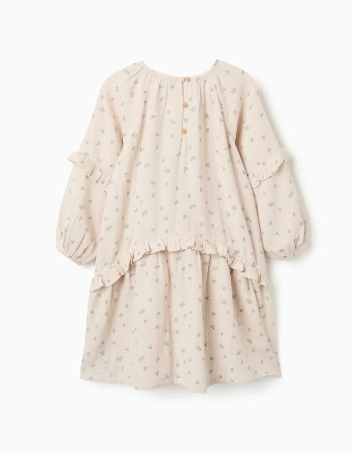 Cotton bambula dress with floral motif B&S for girls, beige/green